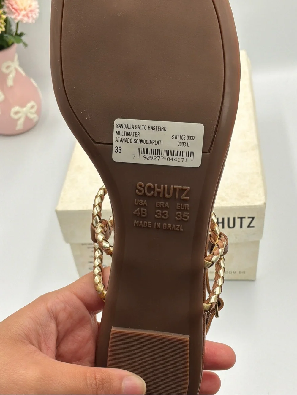 SCHUTZ Tan Braided Leather T-Strap Sandals